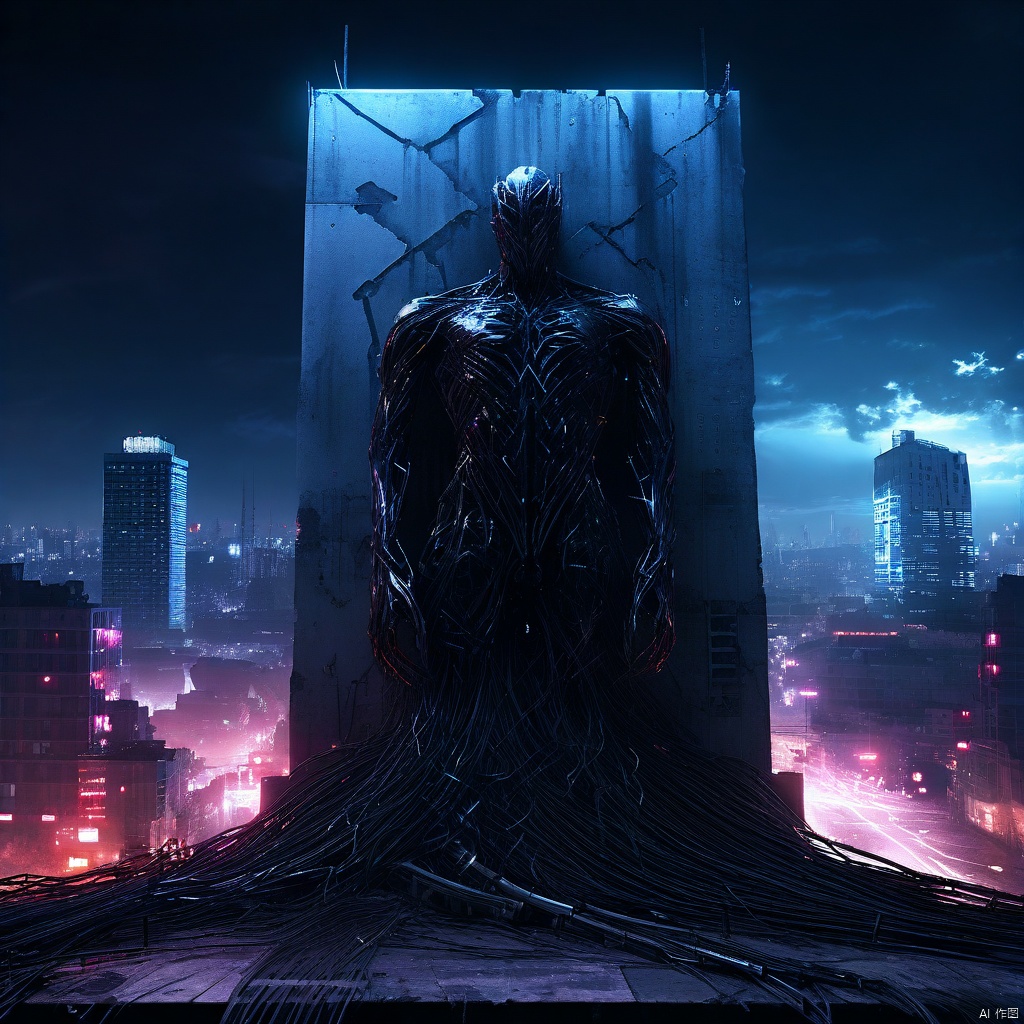 A darkened cityscape at night, neon lights slicing through the shadows like shards of glass. A towering concrete wall rises from the urban canvas, a behemoth-like figure sprawled across its face. The entity's ethereal form is ensnared by twisted metal and wires, like a mystical being trapped in a mechanical cage. Machinery hums in the background, its pulsing rhythm harmonizing with the city's frenetic energy as this surreal tableau unfolds.