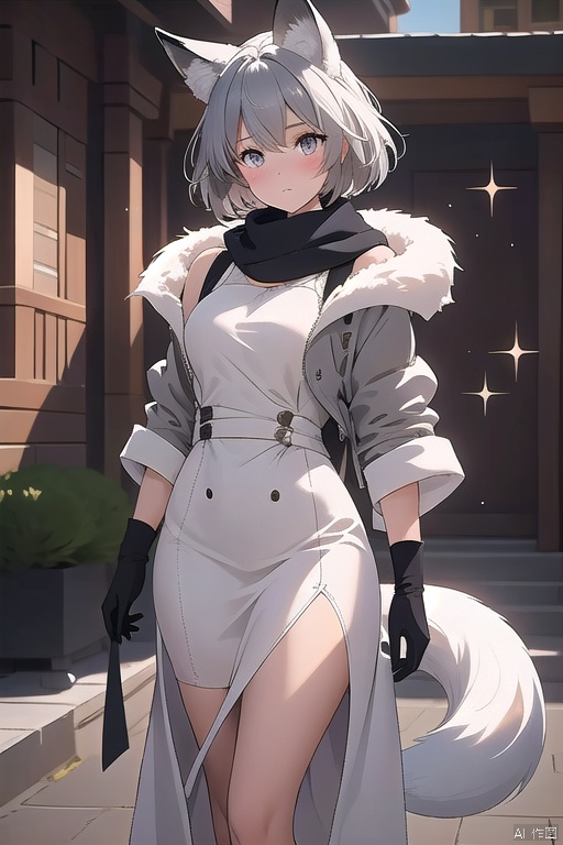 A stunning young girl with short grey hair and piercing grey eyes looks directly at the viewer, her cheeks flushing with a gentle blush. She wears a sleek jacket, matching black gloves, and a flowing scarf that adds a touch of elegance to her overall look. Her gaze is captivating as she stands confidently on white footwear, her animal ears - fox-like in shape and design - adding a whimsical touch to the scene. A sparkly fox tail flows down her back, drawing attention to her striking features. The simple background allows her unique style to take center stage, with the overall effect being both modern and mystical.