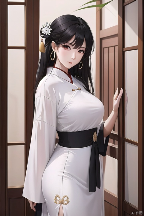 A stunning Chinese girl, adorned in traditional hanfu attire, strikes a pose against a crisp white background. Her long, black hair cascades down her back, featuring a delicate hair ornament that catches the light. Her piercing gaze meets the viewer's, accompanied by a subtle, closed-mouth smile and bold red lips. She wears statement tassel earrings and maintains flawless makeup, with intricate earrings adding to her overall allure. The focus remains on her upper body, where her beauty and elegance truly shine.