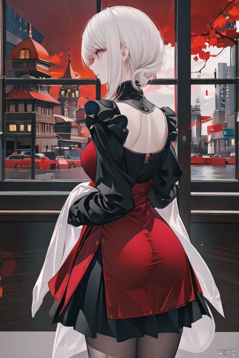 masterpiece, best quality, as7033, baiwe7033 style, The image portrays a figure with long, white hair that flows dynamically across the frame. Their attire appears to be a sleek, black outfit with hints of red, giving off an edgy, urban feel. The figure's posture is turned slightly towards the viewer, revealing more of their profile and back, In the background, there is an abstract cityscape illuminated in shades of crimson and scarlet. Digital or neon elements intermingle with traditional architecture, suggesting a futuristic metropolis. There are also Asian characters visible on signs, adding a cultural layer to the setting, The overall atmosphere is intense and somewhat ominous, heightened by the dramatic lighting and color scheme. The use of shadow and highlights adds depth and dimension to the character and the environment., MSI\(Monon\)
