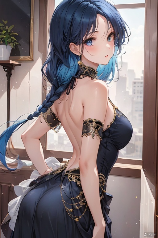 A striking figure stands before a vintage-inspired newspaper wall backdrop. The subject, a young girl with vibrant blue hair styled in double braids and sapphire-like eyes, wears a formal gown featuring a semi-backless design. The dress's high neckline is adorned with a delicate neckband. Her skirt falls just above the knees, showcasing her confidence as she faces the audience directly, exposing the upper portion of her back to the viewer.