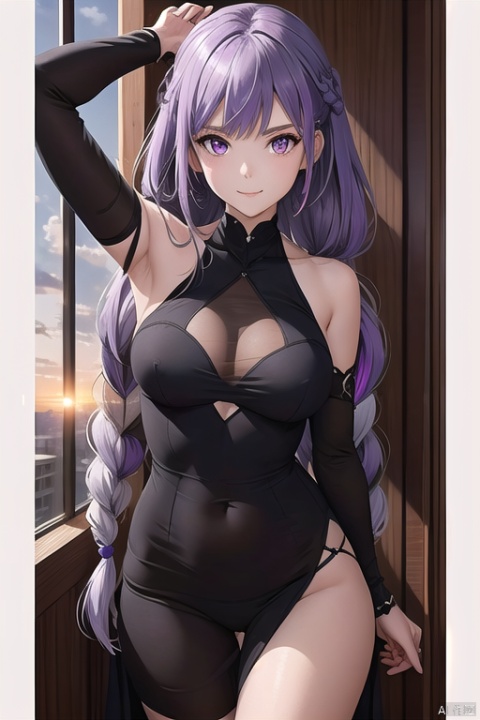 1girl, solo, dutch angle, falling, building, broken glass, lens flare, sunset, purple eyes, ground vehicle, purple hair, white hair, very long hair, multicolored hair, hair between eyes, looking at viewer, evil grin, black dress, bare shoulders, detached sleeves, twin braids, film grain, light and shadow, detailed lighting, aesthetic, amazing quality,
