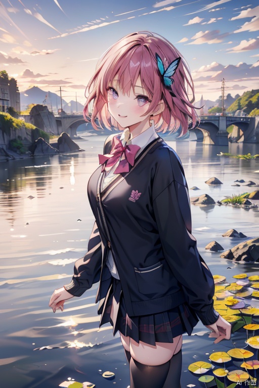 1girl,looking at viewer,solo,pink hair,bangs,short hair,butterfly hair ornament,black ribbon,purple eyes,school uniform,cardigan,black cardigan,shirt,green skirt,thighhighs,zettai ryouiki,,Nino_CYQL,(evil smile,lying,portrait,from_above:1.1),beautiful face,beautiful eyes,glossy skin,shiny skin,Cliffs,Waves,Coastline,Rocks,Sea spray,Seagulls,Dramatic,Power,Water lilies,Japanese bridge,Weeping willows,Lily pond,Impressionist painting,Reflections,beautiful detailed sky,beautiful detailed glow,masterpiece,best quality,beautiful and aesthetic,contrapposto,female focus,fine fabricemphasis,wallpaper,fashion,,
, MATURE FEMALE