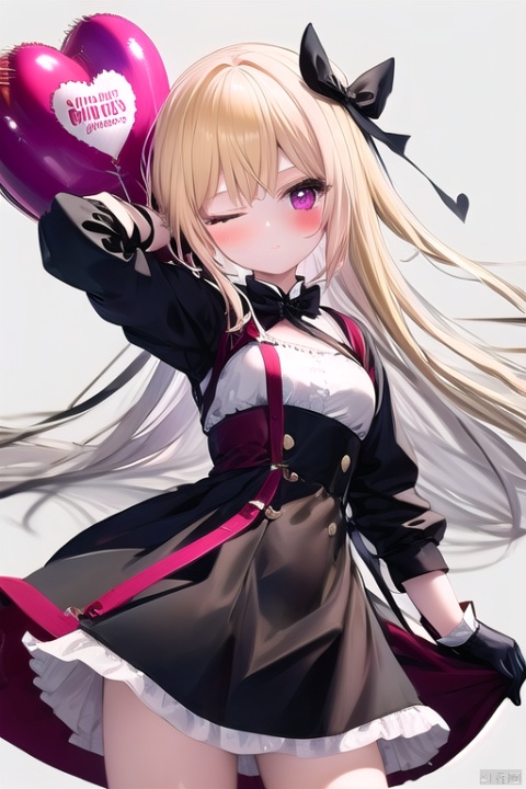 1girl, artist_name, balloon, bangs, blonde_hair, blush, bow, closed_mouth, dress, eyebrows_visible_through_hair, frills, gloves, heart, heart_balloon, heart_pillow, holding, long_hair, looking_at_viewer, one_eye_closed, pink_bow, simple_background, smile, solo, very_long_hair, 