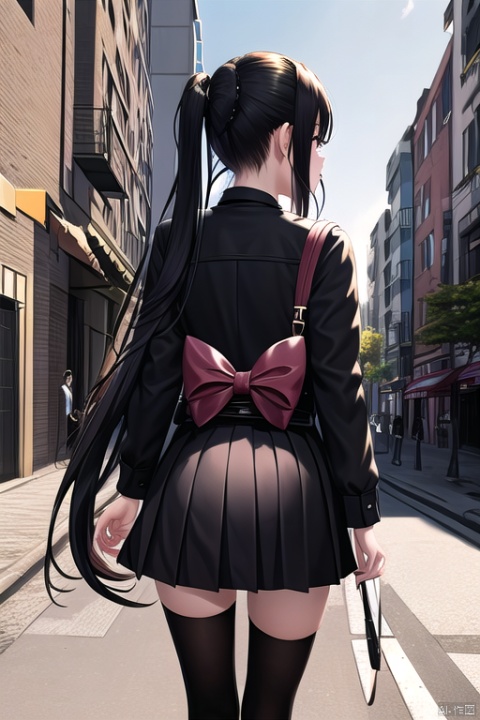 masterpiece,best quality,absurdres,outdoors,1girl,cityscape,street,long-hair,black_hair,twintails,sunlight,walking,from behind,