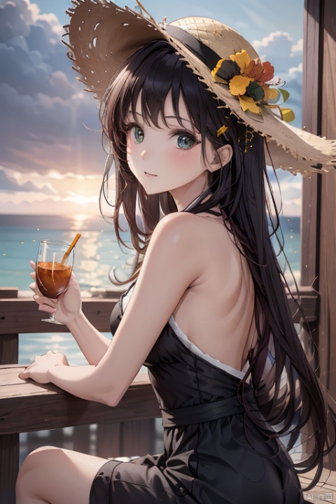 A stunning, ultra-detailed portrait of a solo, multi-hued hair girl, Poakl GGll Girl, in a bright, sunlit setting. She wears a straw hat adorned with flowers and a jewelry-encrusted hairclip, her long bangs framing her striking features. Her eyes, with orange-tinted eyewear, sparkle as she gazes directly at the viewer. A cup and ring sit nearby, surrounded by seashells and starfish. Her multicolored locks cascade down her back, complemented by a black and brown hair clip adorned with a shell ornament. Vibrant red, yellow, and orange flowers peek out from beneath her hat, adding a pop of color to the scene. The subject's English text-patterned dress flows effortlessly, as if blown by an ocean breeze. A drinking straw rests beside her, adding a playful touch to this whimsical, high-res masterpiece.