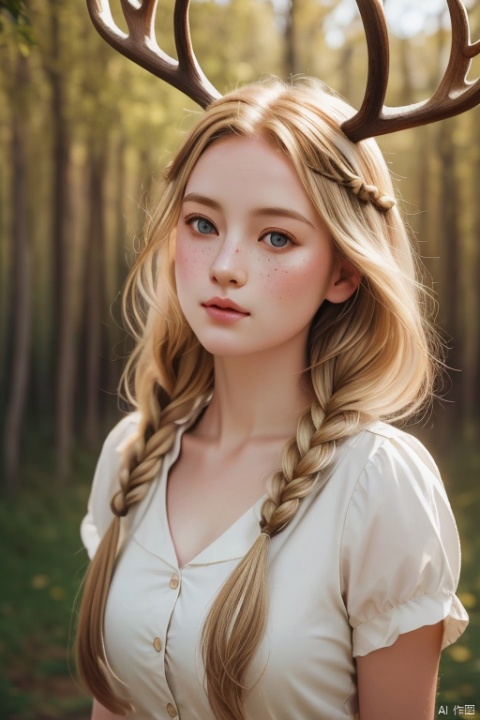 Vintage portrait, photography style, soft focus, pure face,Deer, girl, antlers, vine with leaves, Blonde hair, European and American advanced face, freckles, Detailed light and shadow, Wind, (Strong Sunshine),Two plaits, The forest,Front light source, , 1girl, 1 girl
