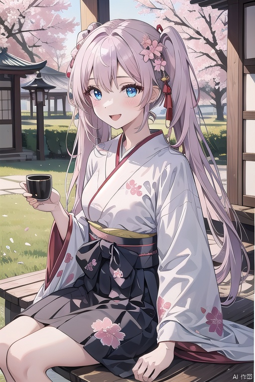 best quality, amazing quality, very aesthetic,1girl, solo, japanese_clothes, long_hair, holding, twintails, smile, cup, kimono, cherry_blossoms, looking_at_viewer, holding_cup, floral_print, bangs, pink_kimono, very_long_hair, open_mouth, skirt, hair_between_eyes, :d, flower, long_sleeves, pink_flower, print_kimono, wide_sleeves, outdoors, hakama, blue_eyes, petals, blush, tree, sitting, white_hair
