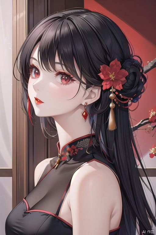 A young woman with long, black hair adorned with a hair ornament and jewelry poses solo in front of a bold red background. Her upper body is the focal point, featuring a stunning Chinese dress with intricate details. A red flower blooms above her, its stem supported by a delicate tassel. The subject's face is framed in profile, showcasing her eyelashes and subtle makeup. Her closed mouth and bright red lips create an air of mystery. In the background, a branch with more red flowers adds depth to the composition, while her earrings - matching her hair ornament - catch the light.