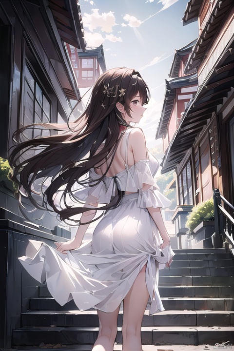 (masterpiece, top quality, best quality, official art, beautiful and aesthetic:1.2),gf-hd, 1girl, long hair, dress, architecture, solo, stairs, white dress, east asian architecture, brown hair, from behind, skirt hold, hair ornament,