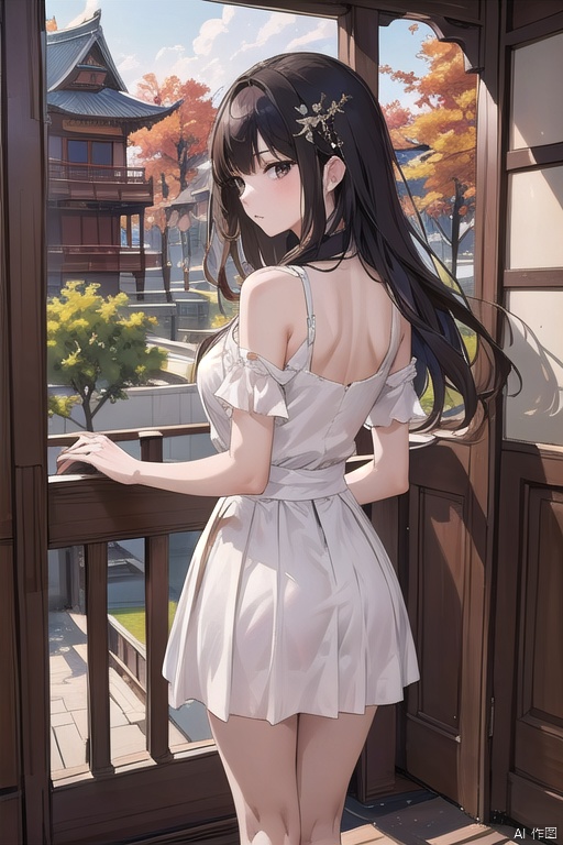 (masterpiece, top quality, best quality, official art, beautiful and aesthetic:1.2),gf-hd, 1girl, long hair, dress, architecture, solo, stairs, white dress, east asian architecture, brown hair, from behind, skirt hold, hair ornament, Anime