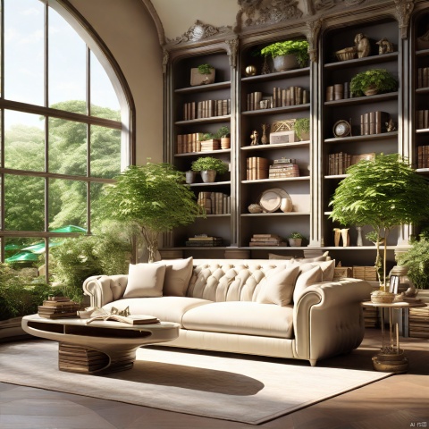 A majestic cream-colored sofa dominates the serene space, surrounded by lush greenery in stylish planters. The room's focal point is a stunning bookshelf, its shelves meticulously curated with a mix of leather-bound tomes and decorative trinkets. Soft sunlight filters through the floor-to-ceiling windows, casting a warm glow on the entire setting. Every inch of this Masterpiece 8k.hdr interior design is rendered in ultra-detailed precision, showcasing the best quality craftsmanship.