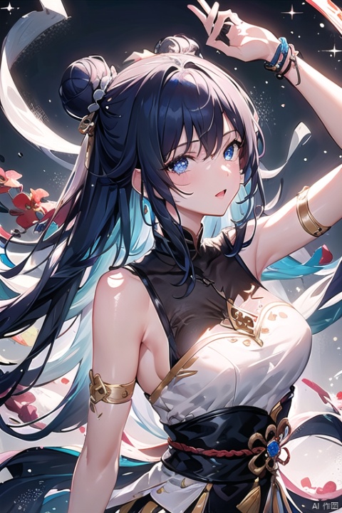 CG,Masterpieces, of the best quality,CG masterpiece,best quality, 1girl, solo, breasts, bangs, blue eyes, shirt, dress, hair between eyes, bare shoulders, jewelry, blue hair, upper body, white hair, sky, sleeveless, hair bun, from side, gradient, gradient background, tattoo, profile, sleeveless dress, looking up, armlet, ice, crystal, arm tattoo, looking afar, mwuxia, Chinese ink painting, meidusha, 