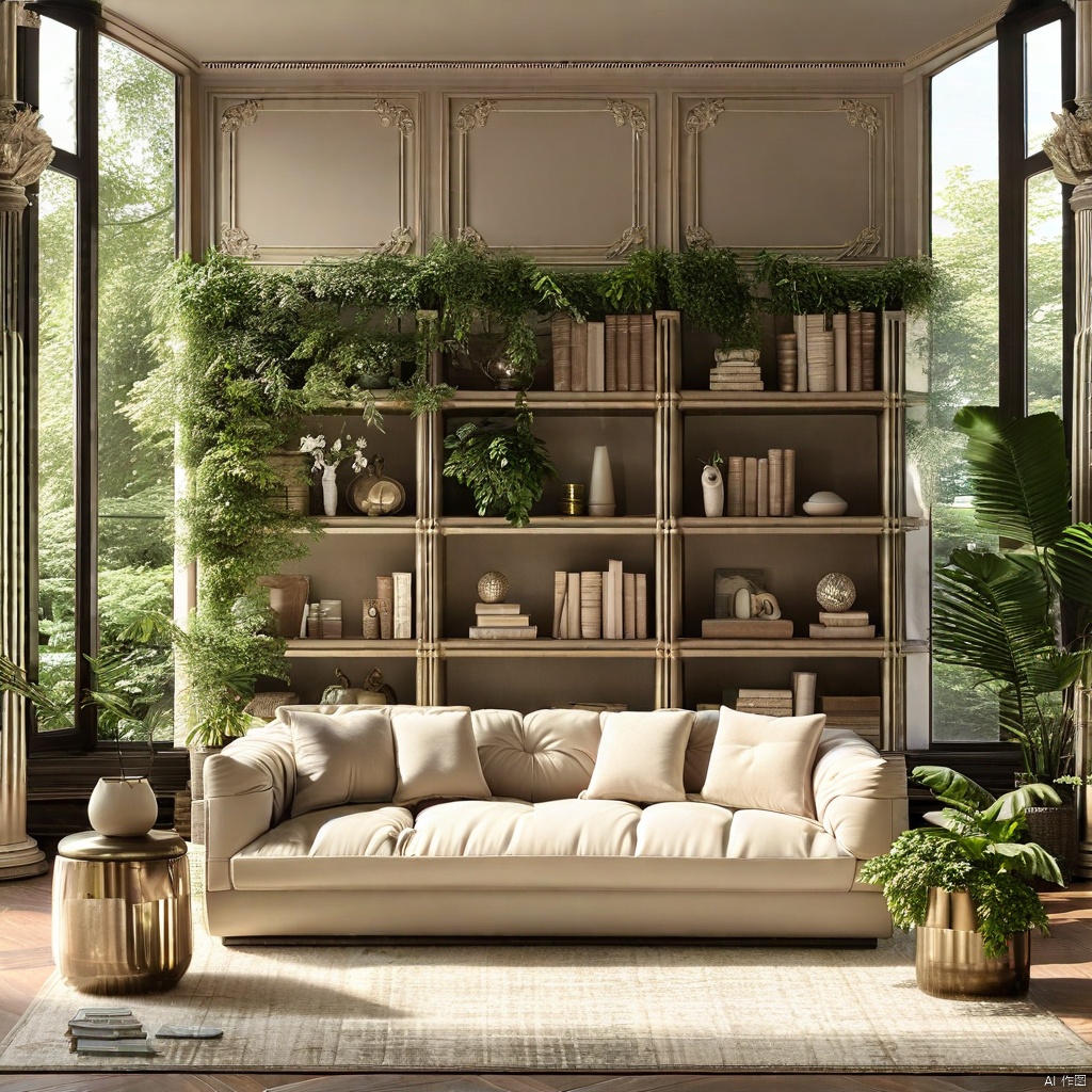 A majestic cream-colored sofa dominates the serene space, surrounded by lush greenery in stylish planters. The room's focal point is a stunning bookshelf, its shelves meticulously curated with a mix of leather-bound tomes and decorative trinkets. Soft sunlight filters through the floor-to-ceiling windows, casting a warm glow on the entire setting. Every inch of this Masterpiece 8k.hdr interior design is rendered in ultra-detailed precision, showcasing the best quality craftsmanship.