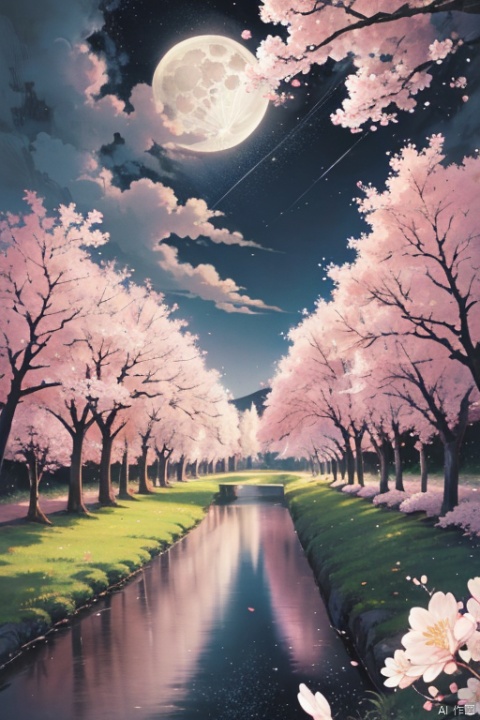 moon,outdoors,full moon,night,flower,cherry blossoms,sky,tree,pink flower flying around,night sky,no humans,masterpiece,illustration,extremely fine and beautiful,perfect details,stream,
