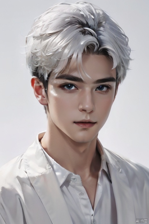 (((masterpiece,best quality))),((good structure,Good composition,good atomy)), ((clear, original,beautiful)),1boy, white hair,fantasy white theme,looking at viewer,in the dark,simple background,