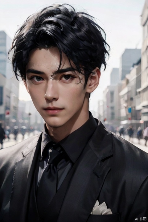 1boy, black hair with a pinch of blue,black suit,manly, skyscrape background,bussiness street, artist Sargent's color, realistic facial features, beautiful lighting, extremely beautiful facial details and delicate eyes, clear and three-dimensional facial features, 32K, niji style,ghibli style, Anime style, cool feeling, high-end photos,
