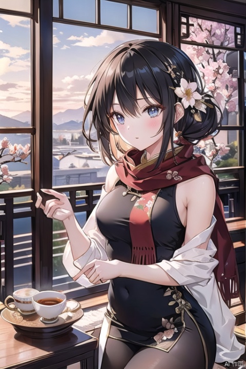  1girl,Chinese dress, table, scarf, wind, tea cup, flower branch,