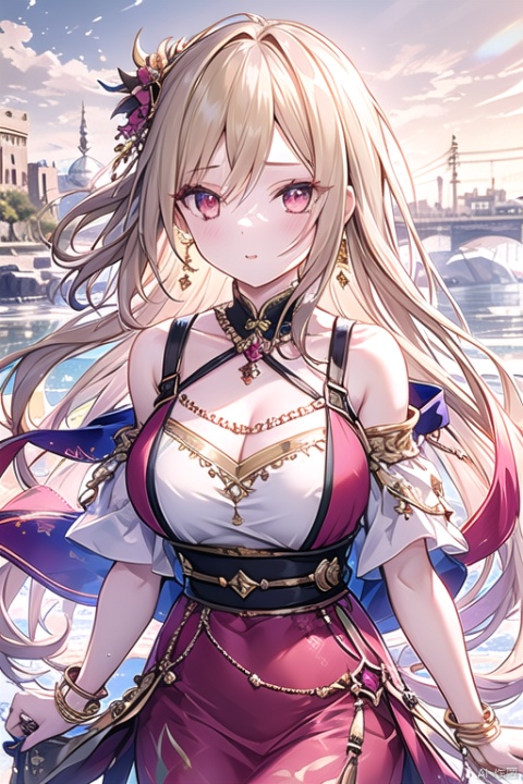 1girl,Bangs, off shoulder, colorful_hair, ((colorful hair)),golden dress, yellow eyes, chest, necklace, pink dress, earrings, floating hair, jewelry, sleeveless, very long hair,Looking at the observer, parted lips, pierced,energy,electricity,magic,tifa,sssr,blonde hair,jujingyi, wangyushan, dofas, forehead mark
