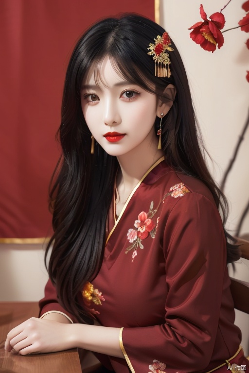 1girl, solo, long hair, black hair, hair accessories, jewelry, closed mouth, upper body, flowers, earrings, blur, side, eyelashes, side, makeup, red background, Chinese costume, red flowers, fringe, branch, red lips, fringe earrings, fruit grain, no hand, very beautiful, masterpiece, best quality, super detail, animation style, key vision, 1 girl
,depth of field