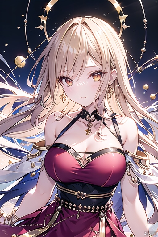 1girl,Bangs, off shoulder, colorful_hair, ((colorful hair)),golden dress, yellow eyes, chest, necklace, pink dress, earrings, floating hair, jewelry, sleeveless, very long hair,Looking at the observer, parted lips, pierced,energy,electricity,magic,tifa,sssr,blonde hair,jujingyi, wangyushan, dofas, forehead mark
