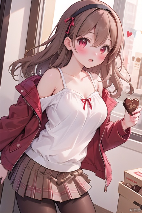 1girl, solo, long hair, breasts, looking at viewer, blush, bangs, skirt, brown hair, shirt, red eyes, long sleeves, holding, hair between eyes, bare shoulders, collarbone, jacket, white shirt, grey hair, heart, pantyhose, cowboy shot, pleated skirt, hairband, food, open clothes, off shoulder, open jacket, sleeves past wrists, plaid, plaid skirt, holding food, box, candy, red jacket, camisole, brown skirt, brown pantyhose, chocolate, valentine, heart-shaped chocolate, white camisole, box of chocolates