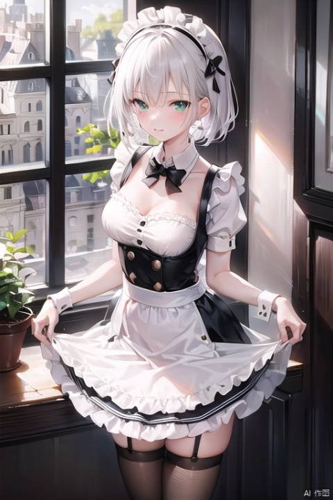 1girl, solo, looking at viewer, blush, smile, short hair, bangs, hair ornament, thighhighs, dress, hair between eyes, closed mouth, green eyes, standing, white hair, short sleeves, frills, day, puffy sleeves, indoors, apron, black dress, puffy short sleeves, zettai ryouiki, wrist cuffs, maid, maid headdress, window, feet out of frame, garter straps, sunlight, plant, fishnets, white apron, maid apron, frilled apron, skirt hold, collared dress, brown thighhighs,