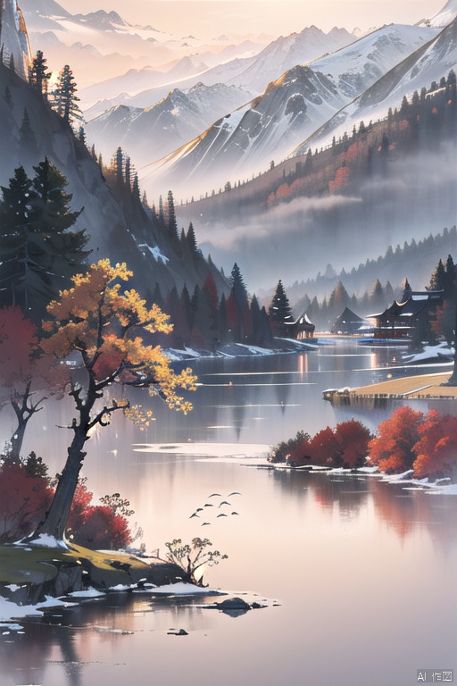(ultra detailed, High quality ,best quality, High precision, Fine luster, UHD, 16k), (official art, masterpiece, illustration), A landscape painting with a lake, pine trees and a sunset, thick fog, with clear new pop illustrations, (large area of white space, one-third composition: 1.3), minimalist world, beige gray, Chinese Jiangnan scenery, digital printing, lake and mountain scenery, sunset and solitary crane flying together, 