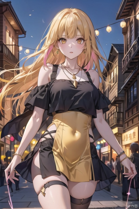  1girl,Bangs, off shoulder, colorful_hair, ((colorful hair)),golden dress, yellow eyes, chest, necklace, pink dress, earrings, floating hair, jewelry, sleeveless, very long hair,Looking at the observer, parted lips, pierced,energy,electricity,magic,tifa,sssr,blonde hair,jujingyi, wangyushan, dofas, forehead mark