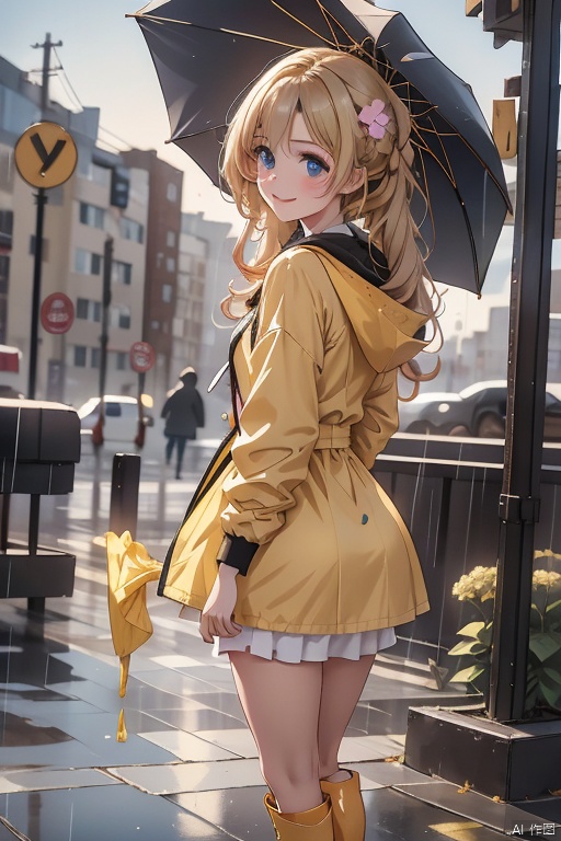 A joyful scene unfolds: a solo girl stands on a simple white background, donning a bright yellow raincoat with the hood up, long sleeves, and low twintails. Her blonde hair flows down her back, adorned with a pink flower and a food-themed hair ornament. She sports blue eyes, a rabbit-inspired animal hood, and a bow on her long bangs. Rubber boots cover her feet, with a yellow raincoat matching the color of her footwear. A hydrangea flower rests in her hand, held aloft under an open umbrella that shelters her from the rain. As she smiles warmly, a snail trails behind her, leaving a path on the wet ground.