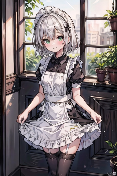 1girl, solo, looking at viewer, blush, smile, short hair, bangs, hair ornament, thighhighs, dress, hair between eyes, closed mouth, green eyes, standing, white hair, short sleeves, frills, day, puffy sleeves, indoors, apron, black dress, puffy short sleeves, zettai ryouiki, wrist cuffs, maid, maid headdress, window, feet out of frame, garter straps, sunlight, plant, fishnets, white apron, maid apron, frilled apron, skirt hold, collared dress, brown thighhighs,