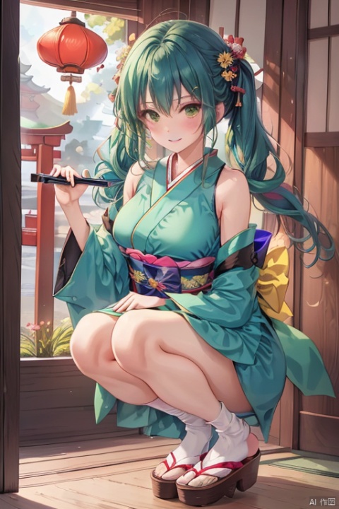 1girl, blue japanese clothes, kasumi, large breasts, full body, blue hair, short twintails, skirt, green background, shinto, breasts, paddle, playing games, arcade cabinet, shichi-go-san, socks, white socks, detached sleeves, wardrobe malfunction, solo, twintails, wide sleeves, holding stylus, green hair, medium hair, green kimono, japanese armor, smile, armor, sandals, kimono, zouri, long sleeves, green sleeves, brown eyes, squatting, green haori, closed mouth, sweat, grey kimono, hair between eyes, japanese clothes, kurokote, hakama, kimono pull, tabi, multicolored hair, bare shoulders, chinese lantern \(plant\), gradient hair, hakama skirt, holding, green footwear, looking at viewer, floral print