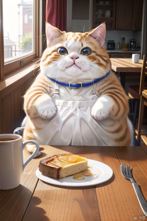 fatcat,There is a delicious breakfast on the dining table, and the cat pushes it away with his hand