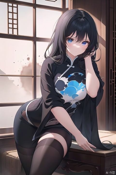 A young girl, MMN, sits cross-legged on a traditional Chinese rug, surrounded by an explosion of ink scattering in shades of klein blue. Her dark hair falls freely around her face as she gazes contemplatively into the swirling ink patterns. The soft, warm lighting accentuates her serene expression, as if lost in thought amidst the artistic chaos.