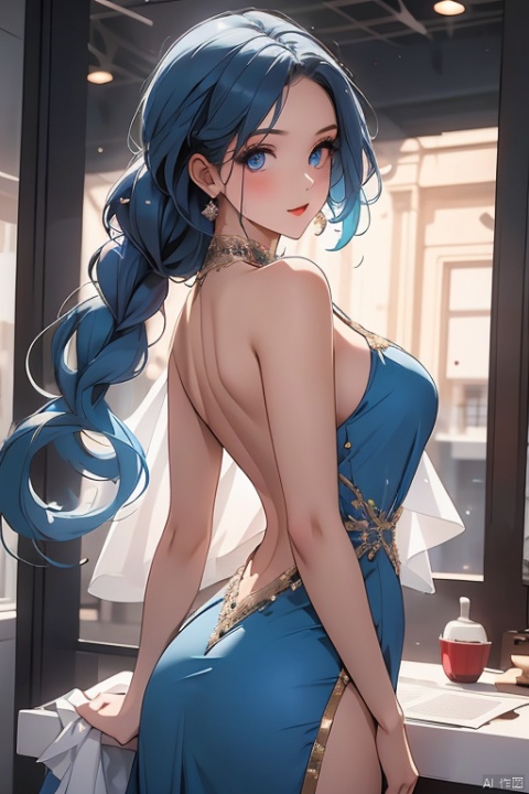 A striking figure stands before a vintage-inspired newspaper wall backdrop. The subject, a young girl with vibrant blue hair styled in double braids and sapphire-like eyes, wears a formal gown featuring a semi-backless design. The dress's high neckline is adorned with a delicate neckband. Her skirt falls just above the knees, showcasing her confidence as she faces the audience directly, exposing the upper portion of her back to the viewer.