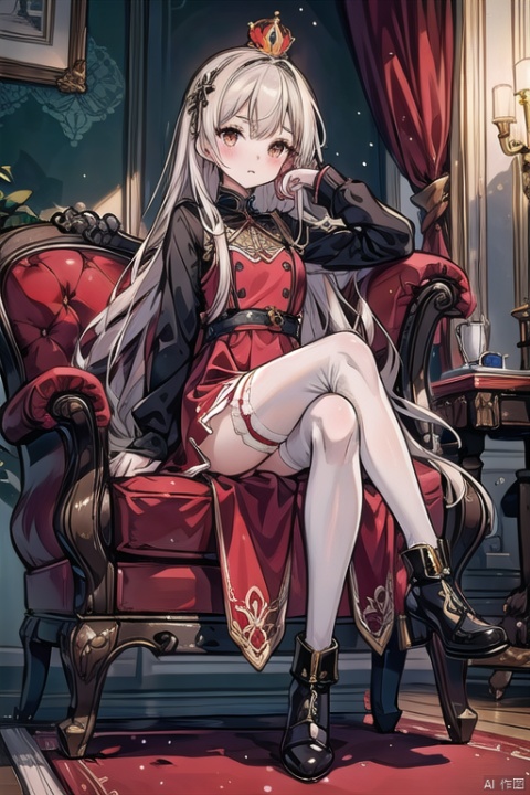 line art,line style,as style,best quality,masterpiece, A girl with long hair wearing a small crown,a red long dress,white stockings,and black short boots,sitting on an international chess style sofa,chess style,
