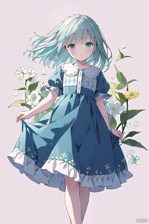 green theme,1girl holding a dandelion flower, wearing a blue dress with white dots and yellow flowers on it, blowing away small petals in the style of light skyblue and pale aquamarine illustrations, a simple line drawing reminiscent of children's book illustrations and storybook art, with colorful cartooning and playful character design
