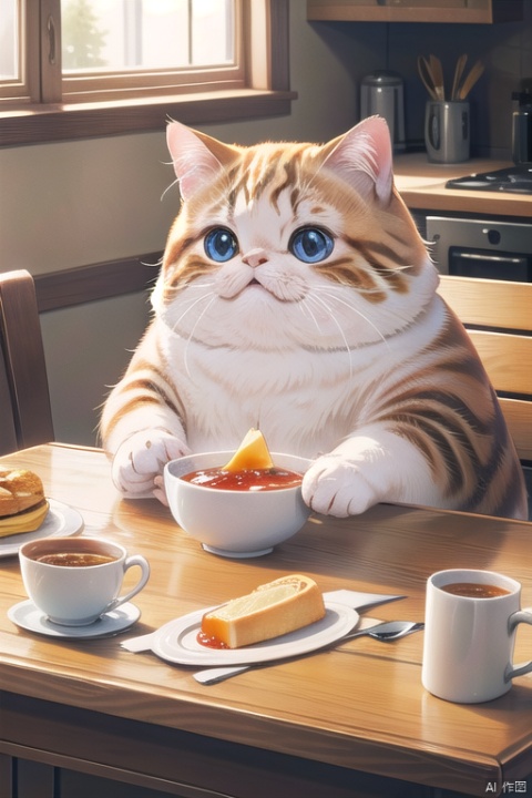 fatcat,There is a delicious breakfast on the dining table, and the cat pushes it away with his hand