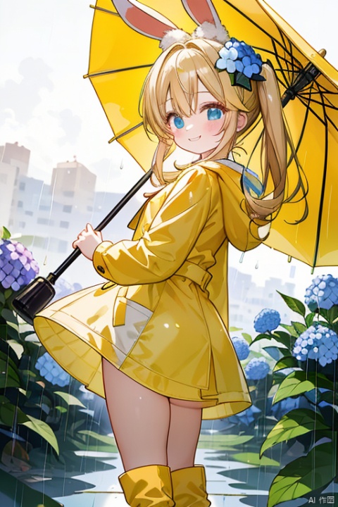 A joyful scene unfolds: a solo girl stands on a simple white background, donning a bright yellow raincoat with the hood up, long sleeves, and low twintails. Her blonde hair flows down her back, adorned with a pink flower and a food-themed hair ornament. She sports blue eyes, a rabbit-inspired animal hood, and a bow on her long bangs. Rubber boots cover her feet, with a yellow raincoat matching the color of her footwear. A hydrangea flower rests in her hand, held aloft under an open umbrella that shelters her from the rain. As she smiles warmly, a snail trails behind her, leaving a path on the wet ground.
