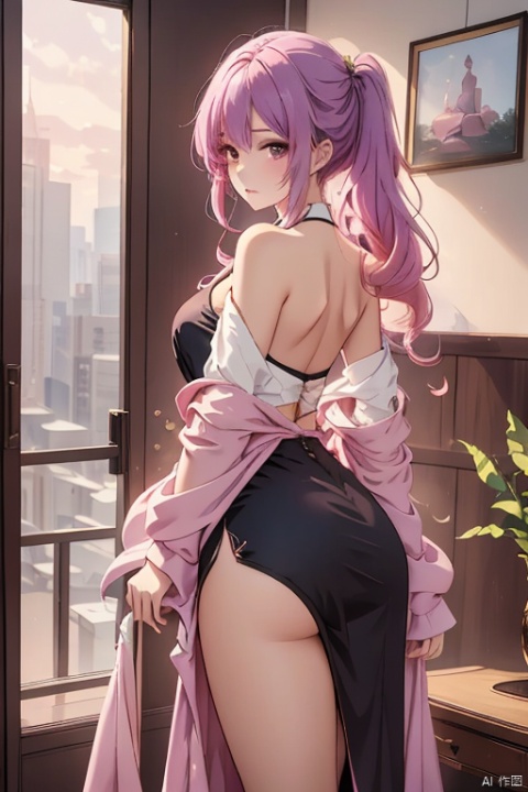 A majestic, personified beauty emerges from a dreamlike setting. A solo figure, Caiyi, stands tall with long, slender legs and pale skin. Her hair is a mesmerizing gradient of purple and pink hues, flowing down her back like a river of sunset colors. A coat wraps around her shoulders, and pink boots adorn her feet. Long sleeves and a flowing skirt complete the ethereal ensemble. As she gazes directly at the viewer, cinematic lighting casts a warm glow on her delicate features. The overall composition is breathtaking, with an 8K wallpaper quality that demands attention.