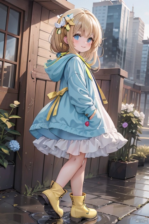 A joyful scene unfolds: a solo girl stands on a simple white background, donning a bright yellow raincoat with the hood up, long sleeves, and low twintails. Her blonde hair flows down her back, adorned with a pink flower and a food-themed hair ornament. She sports blue eyes, a rabbit-inspired animal hood, and a bow on her long bangs. Rubber boots cover her feet, with a yellow raincoat matching the color of her footwear. A hydrangea flower rests in her hand, held aloft under an open umbrella that shelters her from the rain. As she smiles warmly, a snail trails behind her, leaving a path on the wet ground.