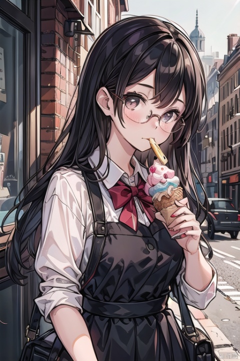 , (best quality),(masterpiece),1girl, best_quality, extremely detailed details, black hair, glasses, eating icecream,
