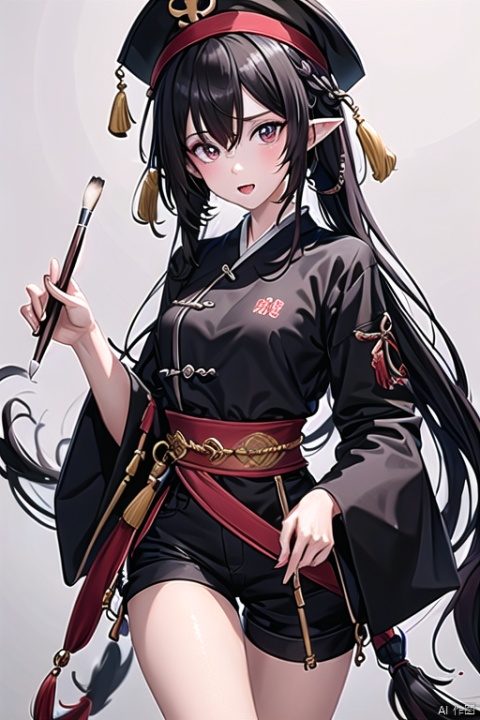 1girl, solo, long hair, looking at viewer, open mouth, simple background, black hair, long sleeves, hat, white background, holding, very long hair, full body, braid, shorts, pointy ears, wide sleeves, hair over one eye, black eyes, pale skin, blue headwear, paintbrush, scroll, jiangshi, calligraphy brush, talisman, holding paintbrush, holding brush

