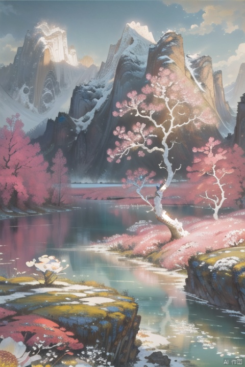 There is a white stage in the middle,masterpiece,surreal,realistic,wallpaper,Ultra HD,32K,natural scenery,white flowers,pink flowers,grass,water,lake,stones,flowers of various colors,clean background,mountains,coral of various colors,pink little bubbles,cnss