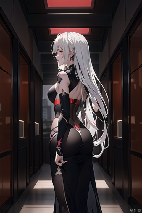 masterpiece, best quality, as7033, baiwe7033 style, The image portrays a figure with long, white hair that flows dynamically across the frame. Their attire appears to be a sleek, black outfit with hints of red, giving off an edgy, urban feel. The figure's posture is turned slightly towards the viewer, revealing more of their profile and back, In the background, there is an abstract cityscape illuminated in shades of crimson and scarlet. Digital or neon elements intermingle with traditional architecture, suggesting a futuristic metropolis. There are also Asian characters visible on signs, adding a cultural layer to the setting, The overall atmosphere is intense and somewhat ominous, heightened by the dramatic lighting and color scheme. The use of shadow and highlights adds depth and dimension to the character and the environment., MSI\(Monon\)
