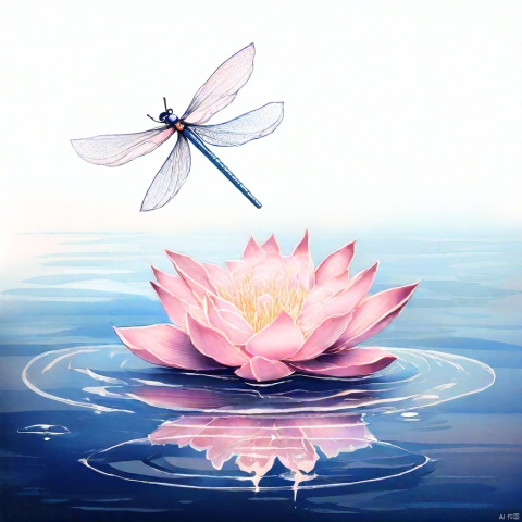 A serene lotus bloom stands upright in a shallow pool of water, its delicate petals unfolding like nature's own work of art. A dragonfly perches delicately on the lotus stem, its iridescent wings glowing softly in the subtle light that ripples through the water's surface. The surrounding air is filled with a gentle, wispy halo of moisture, as if the very essence of the water has taken flight. Minimalist brushstrokes of dark ink define the outlines of the lotus and dragonfly, allowing the viewer to fill in the negative space with their own imagination.