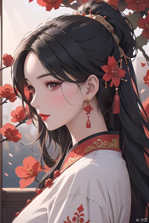 A young woman with long, black hair adorned with a hair ornament and jewelry poses solo in front of a bold red background. Her upper body is the focal point, featuring a stunning Chinese dress with intricate details. A red flower blooms above her, its stem supported by a delicate tassel. The subject's face is framed in profile, showcasing her eyelashes and subtle makeup. Her closed mouth and bright red lips create an air of mystery. In the background, a branch with more red flowers adds depth to the composition, while her earrings - matching her hair ornament - catch the light.