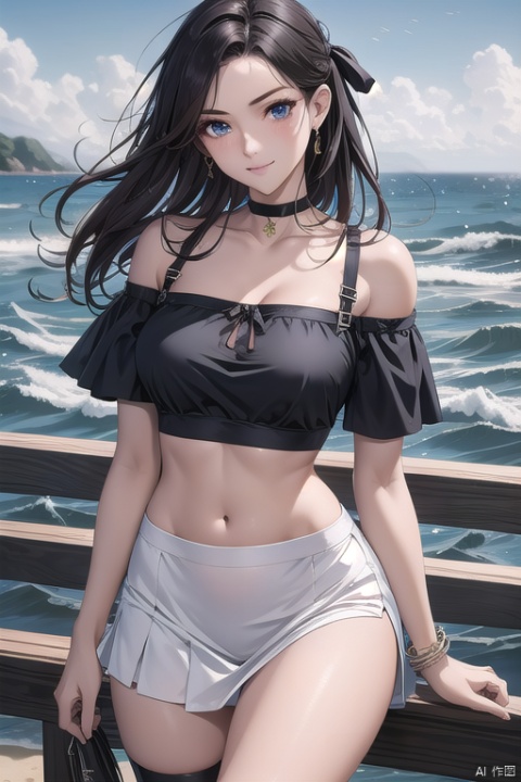 (cowboy_shot), (Good structure), DSLR Quality,Depth of field ,looking_at_viewer,Dynamic pose, , kind smile,, ,Short skirt,Blue sky, white clouds, ocean, nai3, 1girl, solo, crop top, , choker, navel, shirt, midriff, crop top overhang, looking at viewer, white shirt, jewelry, breasts, bare shoulders, off-shoulder shirt, off shoulder, black choker, thighs, stomach, long hair, bracelet, short sleeves, ribbon, hand up, collarbone, hair ribbon, medium breasts, , bra strap, , hair ornament, thigh gap, necklace, expressionless,
