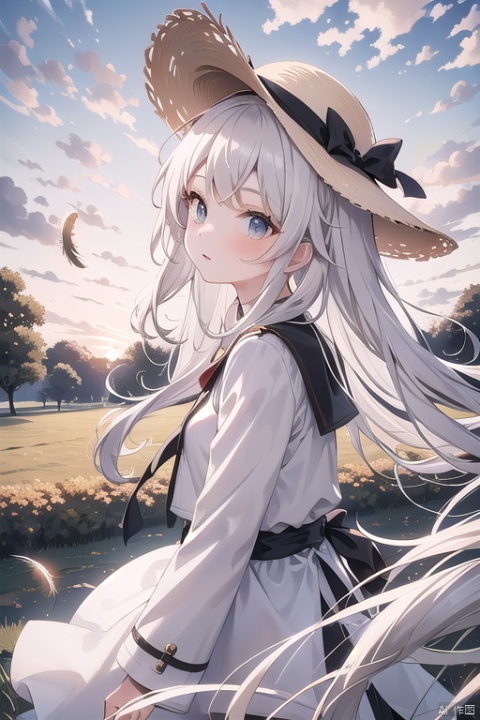 1girl,white_hair,long_hair,white_shirt,brown coat,brown_straw_hat,sunset,field,in_autumn,fallen leaves,feathers,Altocumulus,landscape,from_side,looking_up,(hair in takes:1.1),