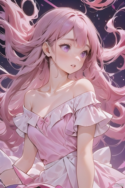 1girl, solo, long hair, dress, bare shoulders, purple eyes, collarbone, upper body, pink hair, parted lips, off shoulder, white dress, floating hair, looking away, wind